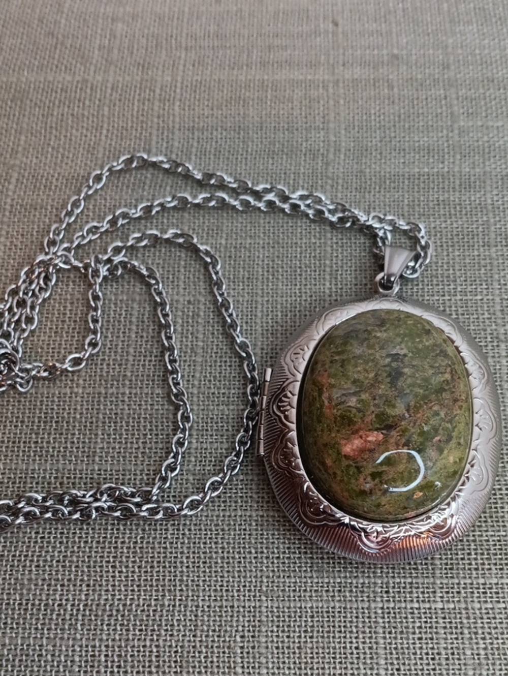 Silver Tone Locket Necklace with Green and Brown Jasper 24" Chain